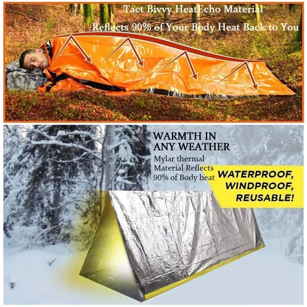 Portable Waterproof Emergency Survival Sleeping Bag - Thermal Sack, First Aid Rescue Kit, Mylar Blanket for Outdoor EDC Camping - Trekker Essentials