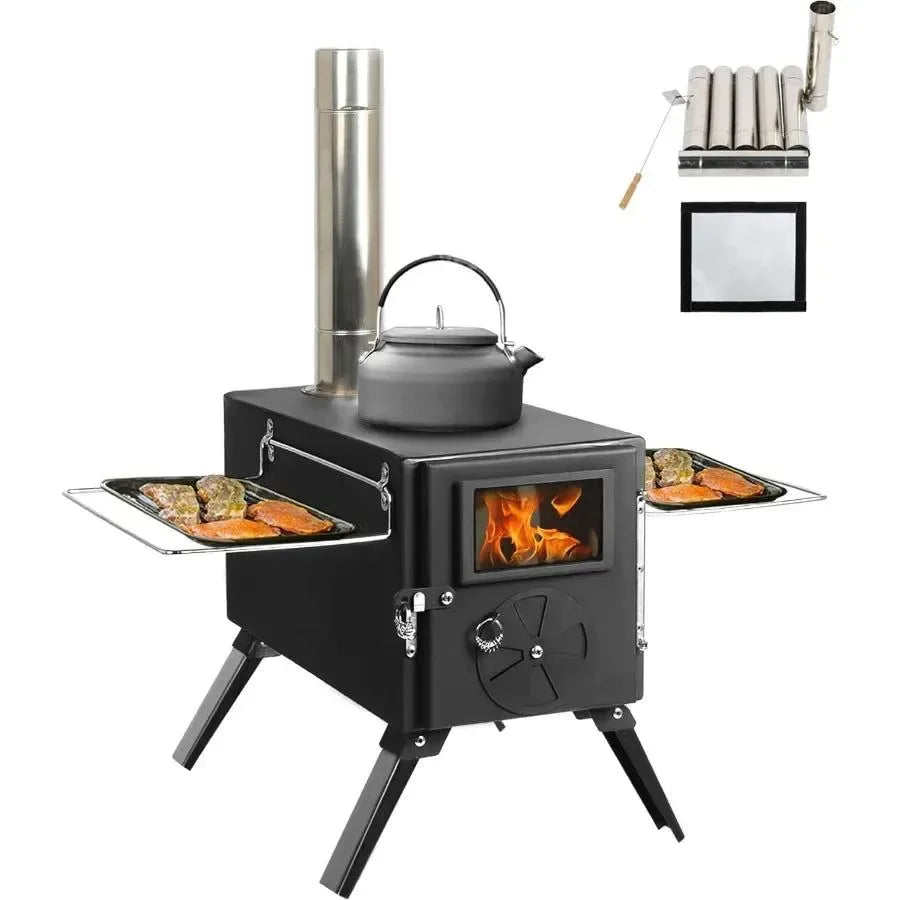 Portable Wood Burning Stove for Camping with Chimney Pipe - Outdoor Heating & Cooking Solution - Trekker Essentials