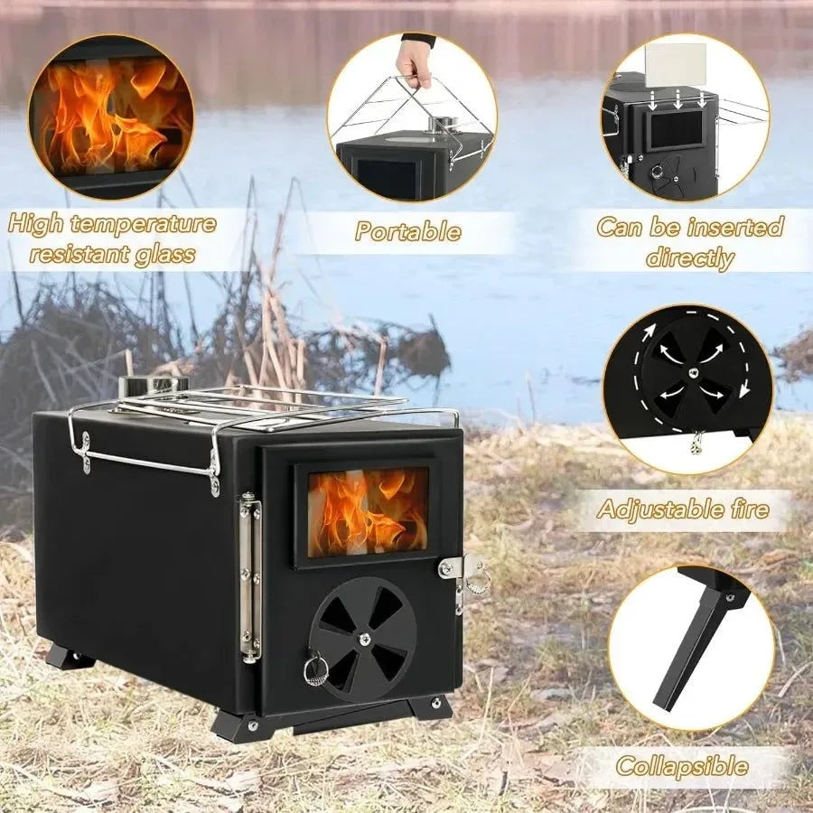 Portable Wood Burning Stove for Camping with Chimney Pipe - Outdoor Heating & Cooking Solution - Trekker Essentials