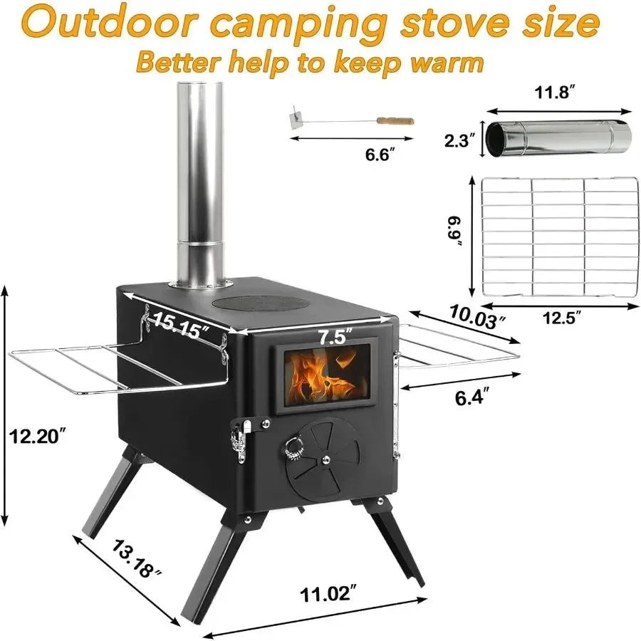 Portable Wood Burning Stove for Camping with Chimney Pipe - Outdoor Heating & Cooking Solution - Trekker Essentials