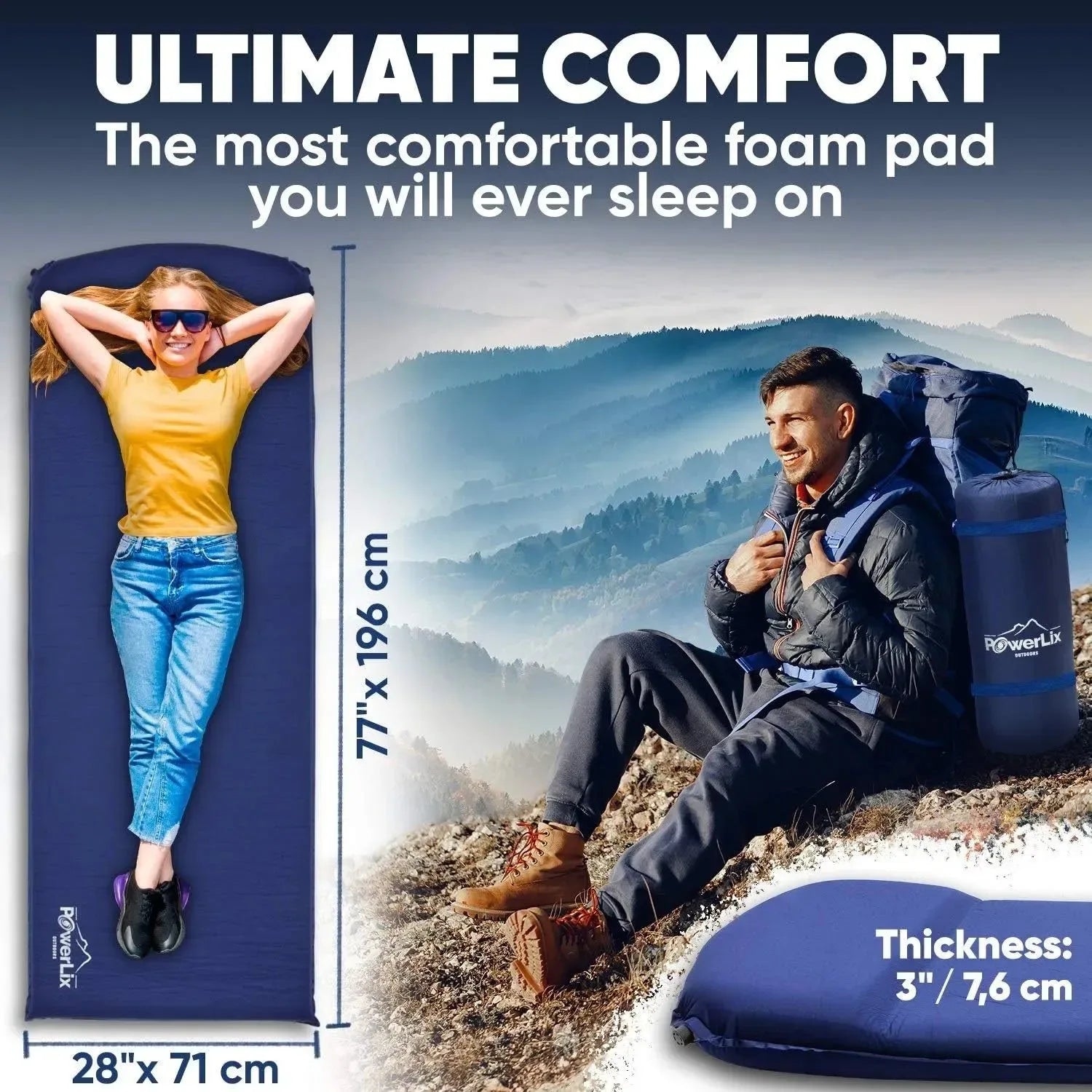 Powerlix Self-Inflating Sleeping Mat – 3-Inch Insulated Foam Pad for Camping and Backpacking - Trekker Essentials