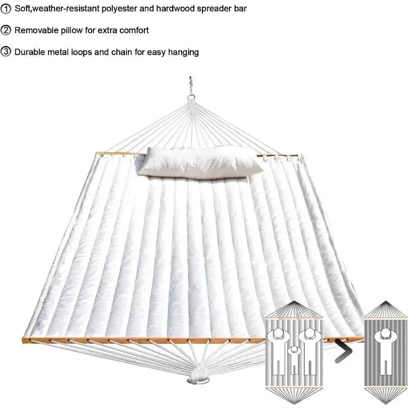 Quilted Outdoor Hammock with Spreader Bars, Detachable Pillow & Chains – Patio, Backyard, Poolside Relaxation - Trekker Essentials