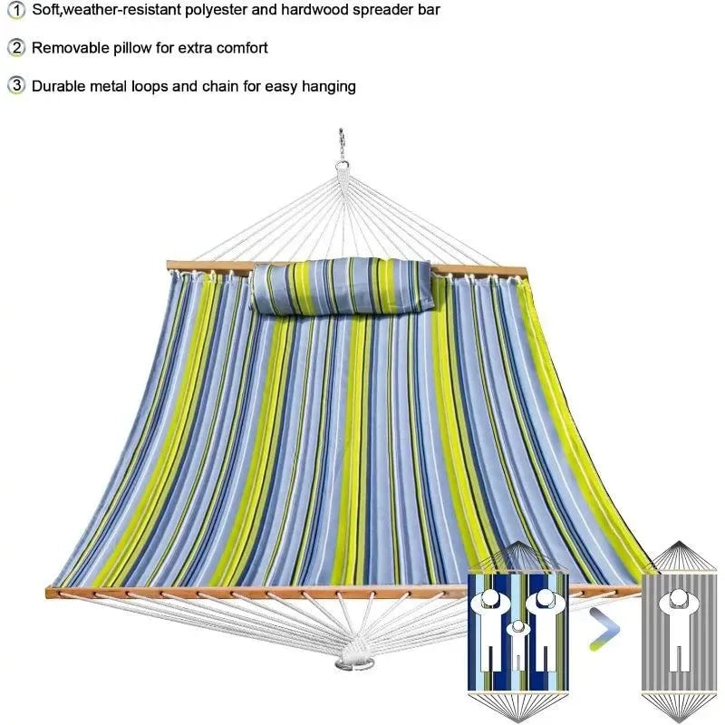 Quilted Outdoor Hammock with Spreader Bars, Detachable Pillow & Chains – Patio, Backyard, Poolside Relaxation - Trekker Essentials