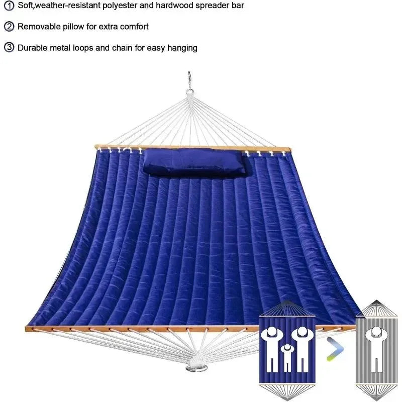 Quilted Outdoor Hammock with Spreader Bars, Detachable Pillow & Chains – Patio, Backyard, Poolside Relaxation - Trekker Essentials