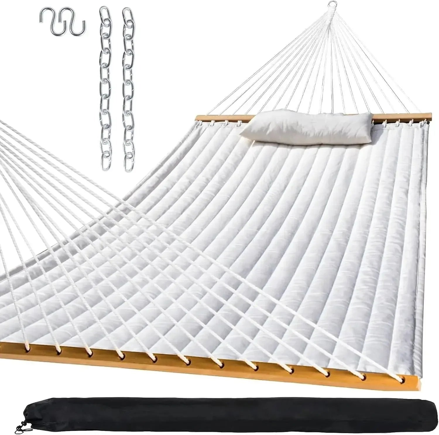Quilted Outdoor Hammock with Spreader Bars, Detachable Pillow & Chains – Patio, Backyard, Poolside Relaxation - Trekker Essentials