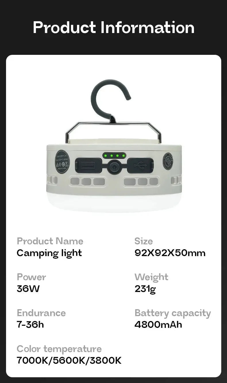 Rechargeable 36W Camping Lantern with Magnet – 700LM LED, 4800mAh Power Bank, 3 Light Modes for Outdoor & Emergency - Trekker Essentials