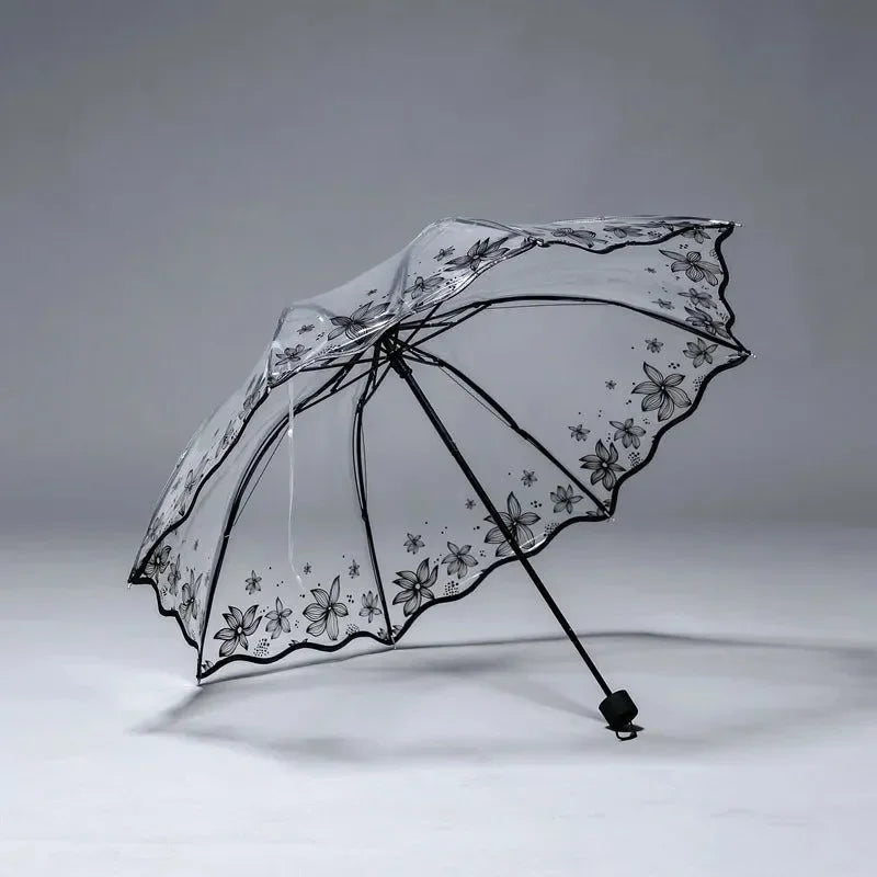 Romantic Transparent Three-Fold Umbrella – Thick PVC Clear Automatic Umbrella with Floral Print - Trekker Essentials
