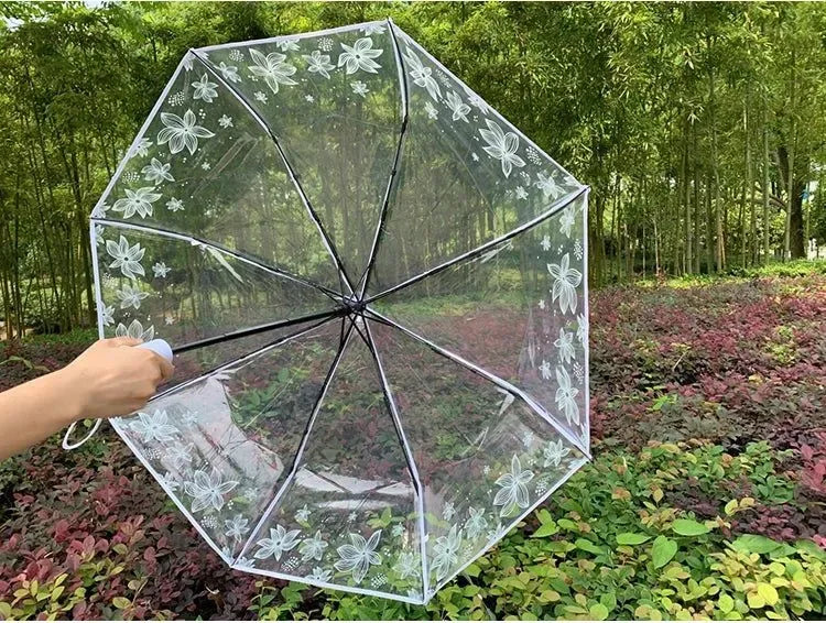 Romantic Transparent Three-Fold Umbrella – Thick PVC Clear Automatic Umbrella with Floral Print - Trekker Essentials