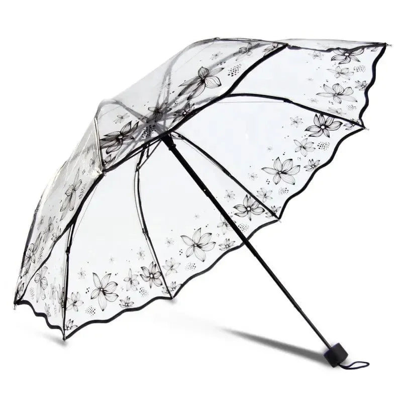 Romantic Transparent Three-Fold Umbrella – Thick PVC Clear Automatic Umbrella with Floral Print - Trekker Essentials