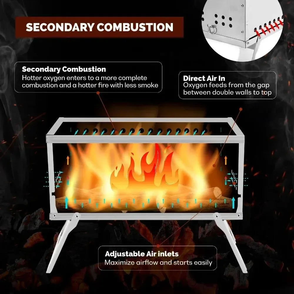 Secondary Combustion Portable Outdoor Stove with Chimney | Fastfold Lightweight Compact Durable Folding Wood Burning Stove for Camping - Trekker Essentials