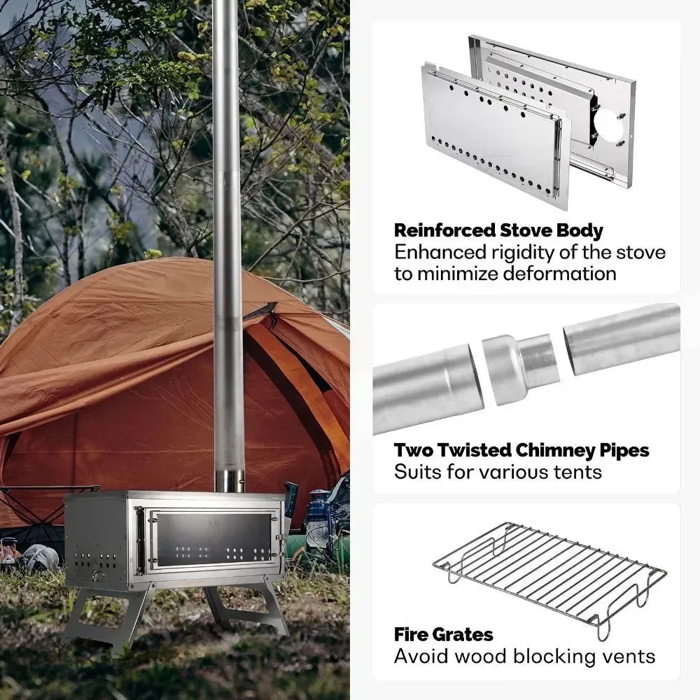 Secondary Combustion Portable Outdoor Stove with Chimney | Fastfold Lightweight Compact Durable Folding Wood Burning Stove for Camping - Trekker Essentials