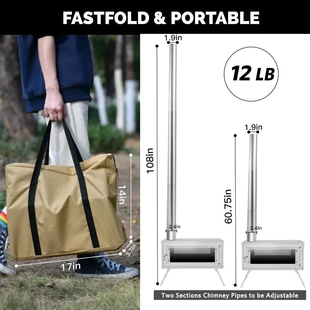 Secondary Combustion Portable Outdoor Stove with Chimney | Fastfold Lightweight Compact Durable Folding Wood Burning Stove for Camping - Trekker Essentials