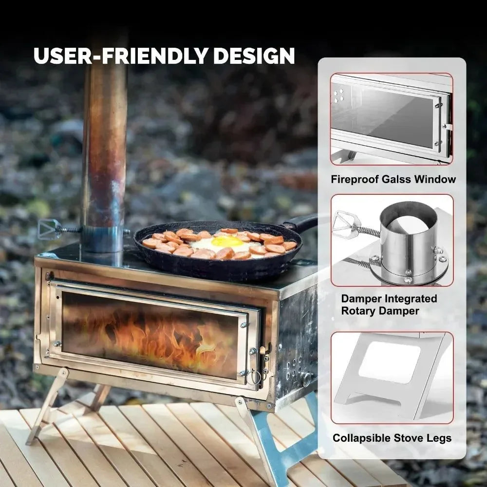 Secondary Combustion Portable Outdoor Stove with Chimney | Fastfold Lightweight Compact Durable Folding Wood Burning Stove for Camping - Trekker Essentials