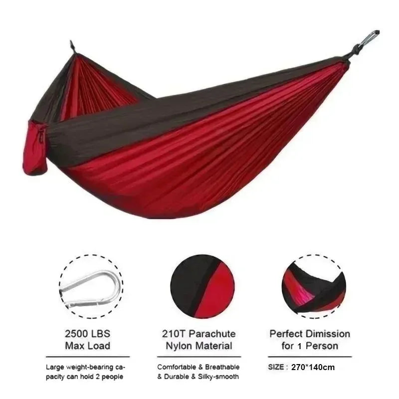 Single Person Portable Outdoor Camping Hammock - High Strength Nylon Parachute Fabric Hanging Bed - Trekker Essentials