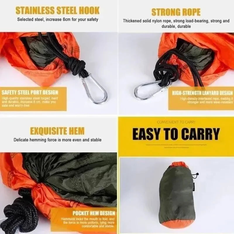 Single Person Portable Outdoor Camping Hammock - High Strength Nylon Parachute Fabric Hanging Bed - Trekker Essentials