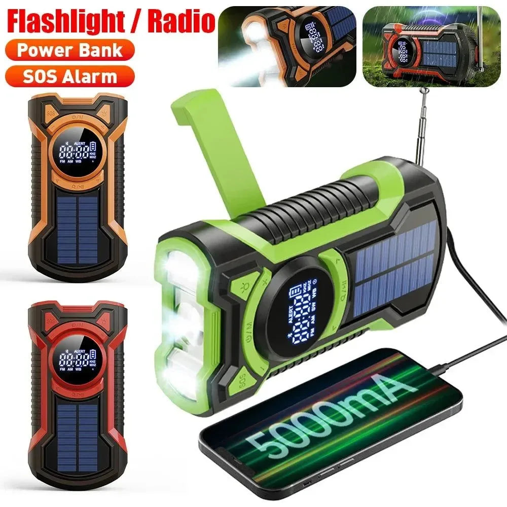 Solar Emergency Weather Radio Bluetooth-Compatible Hand Crank Phone Charger LED Flashlight SOS Alarm - Trekker Essentials
