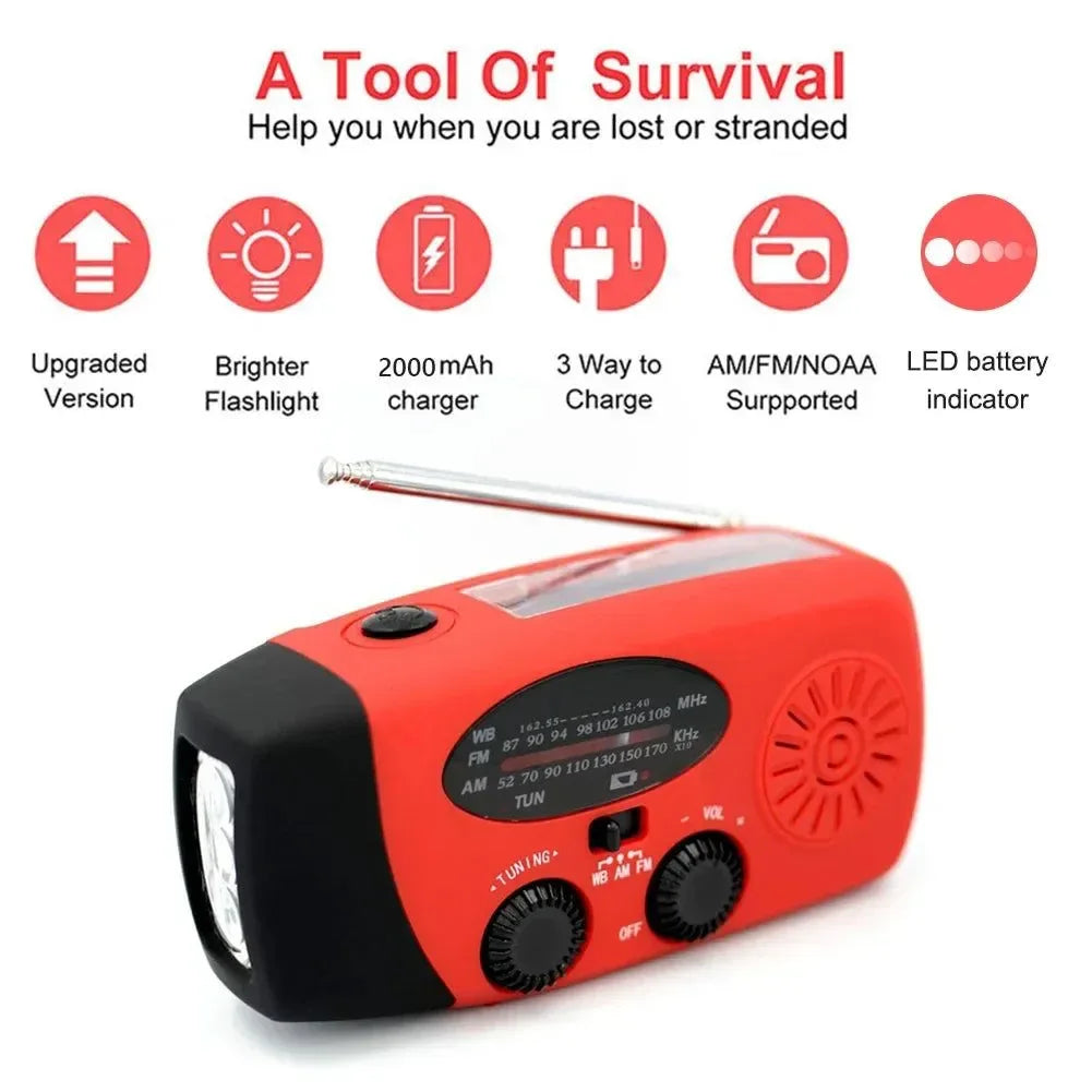 Solar Emergency Weather Radio Bluetooth-Compatible Hand Crank Phone Charger LED Flashlight SOS Alarm - Trekker Essentials