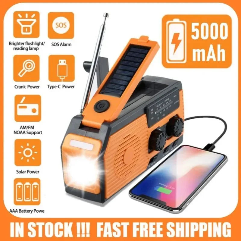 Solar FM Radio AM WB NOAA Radio Weather Emergency Power Bank 5000mA Hand Crank USB Charging Multifunctional Radio LED Flashlight - Trekker Essentials