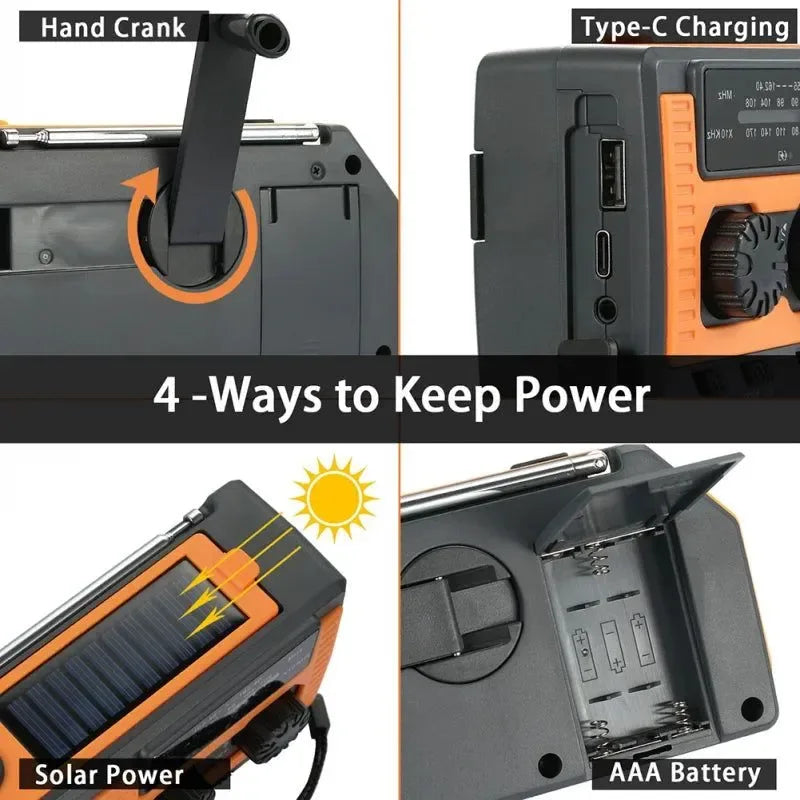 Solar FM Radio AM WB NOAA Radio Weather Emergency Power Bank 5000mA Hand Crank USB Charging Multifunctional Radio LED Flashlight - Trekker Essentials