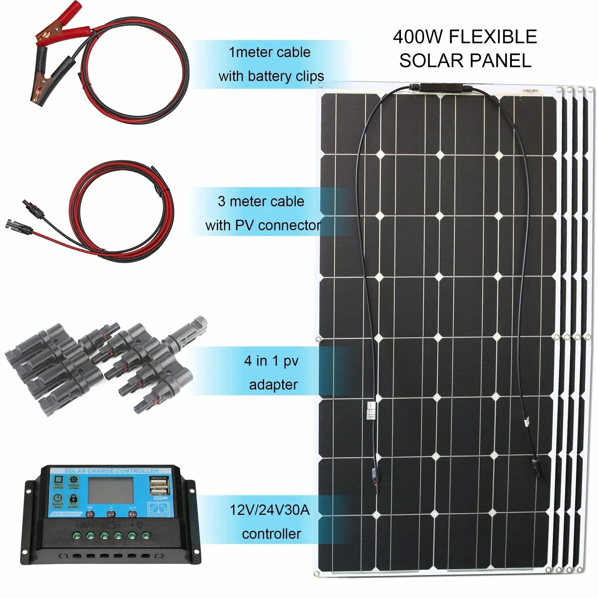 Solar Panel Kit Complete 400W 300W 200W 100W 12V Flexible Solar Power Panel for Solar Battery Charger/Power Bank/Camping/Hiking - Trekker Essentials