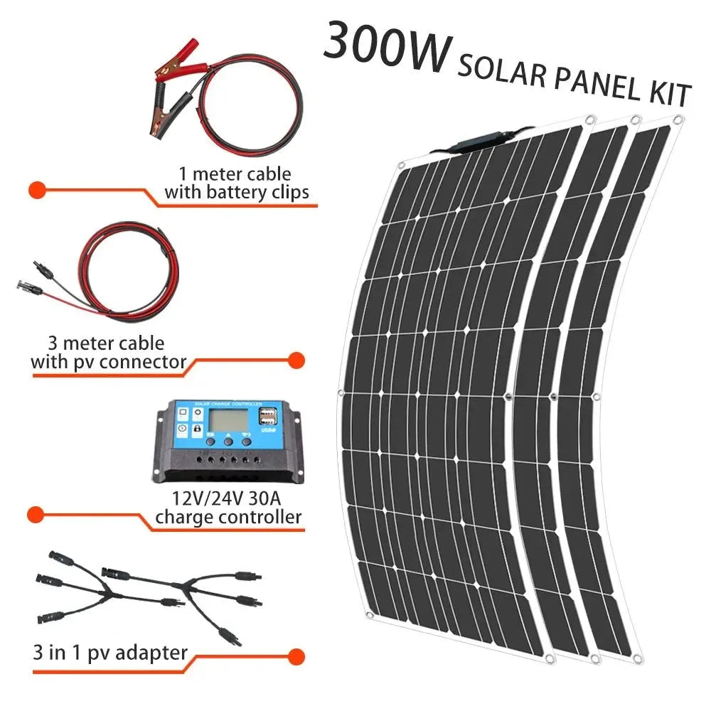 Solar Panel Kit Complete 400W 300W 200W 100W 12V Flexible Solar Power Panel for Solar Battery Charger/Power Bank/Camping/Hiking - Trekker Essentials