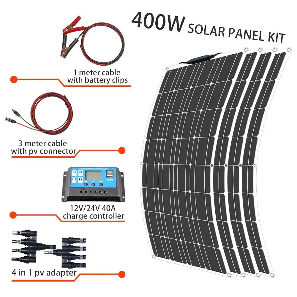 Solar Panel Kit Complete 400W 300W 200W 100W 12V Flexible Solar Power Panel for Solar Battery Charger/Power Bank/Camping/Hiking - Trekker Essentials