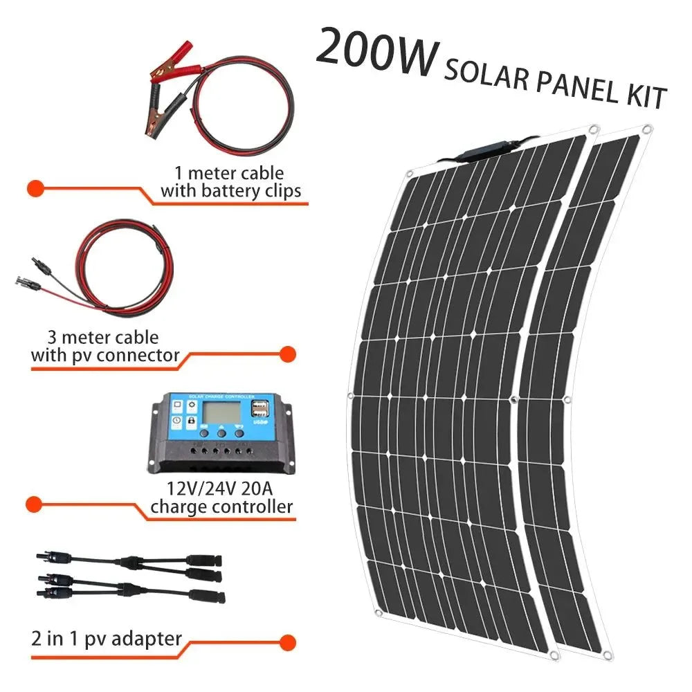 Solar Panel Kit Complete 400W 300W 200W 100W 12V Flexible Solar Power Panel for Solar Battery Charger/Power Bank/Camping/Hiking - Trekker Essentials