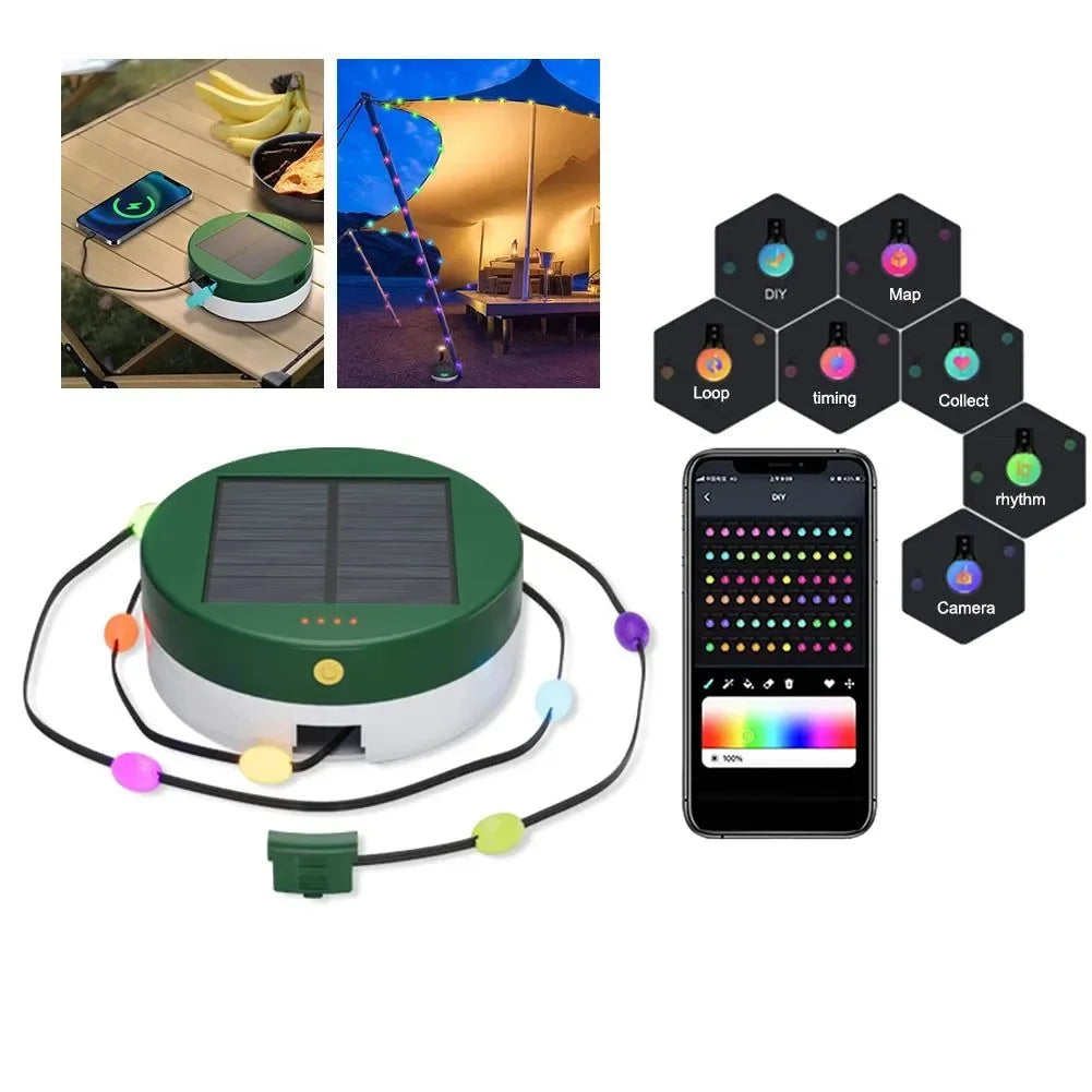 Solar Powered Camping RGB String Lights - Portable Mobile Charger with Smart APP Control for Outdoor Garden - Trekker Essentials