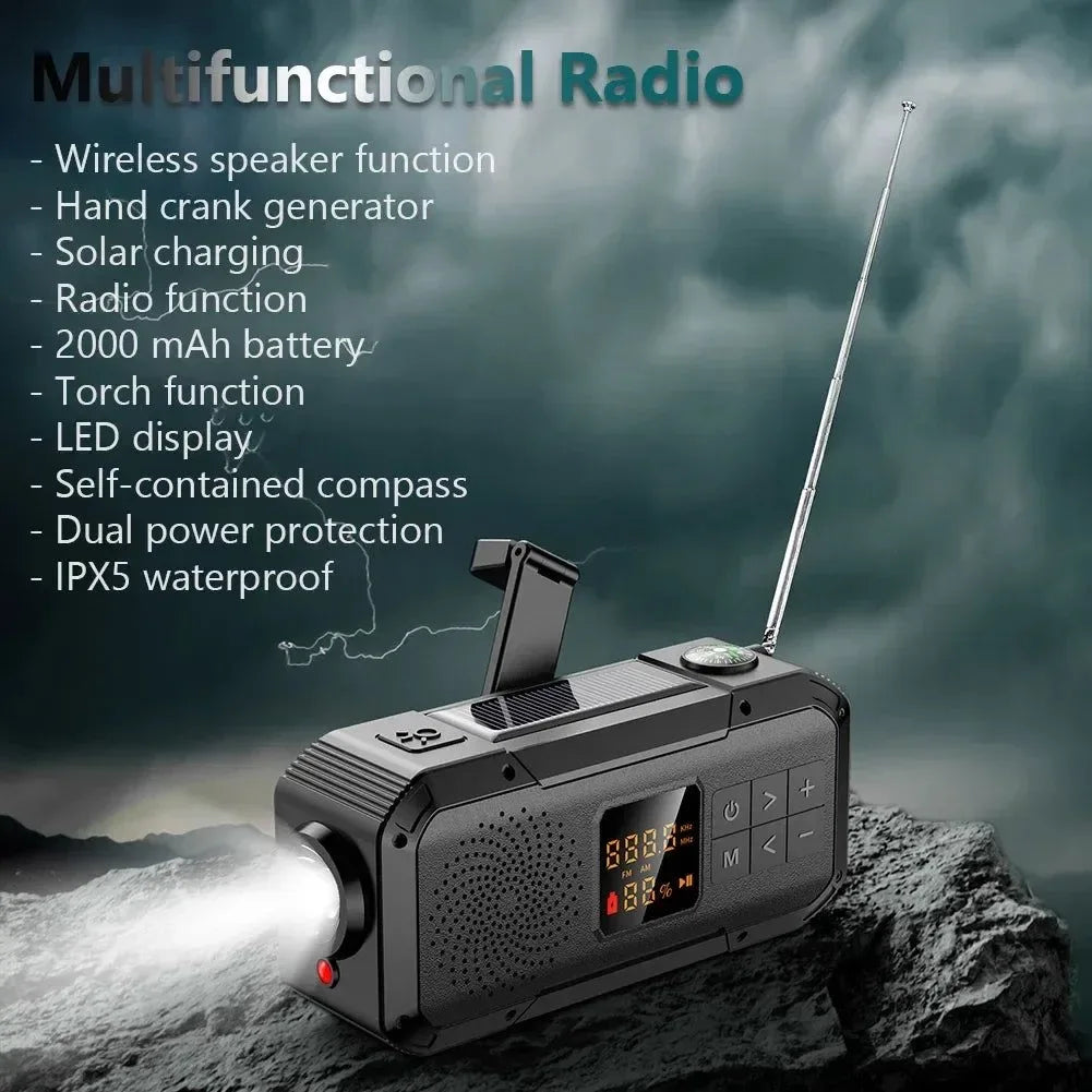 Solar Radio Portable Emergency Radio - AM/FM/WB/NOAA Bluetooth Speaker with LED Flashlight for Outdoor Camping and Hiking - Trekker Essentials