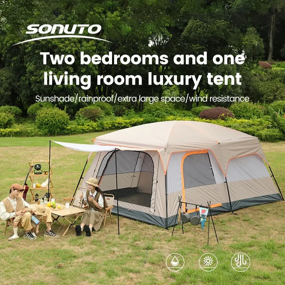 Sonuto Camping Family Tent - 3-12 Person Double Layers Oversize Tent with 2 Rooms, Thickened Rainproof Outdoor Camp Tour Equipment - Trekker Essentials