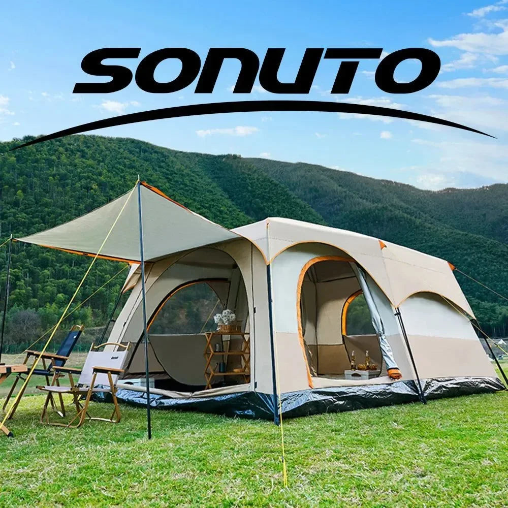 Sonuto Camping Family Tent - 3-12 Person Double Layers Oversize Tent with 2 Rooms, Thickened Rainproof Outdoor Camp Tour Equipment - Trekker Essentials