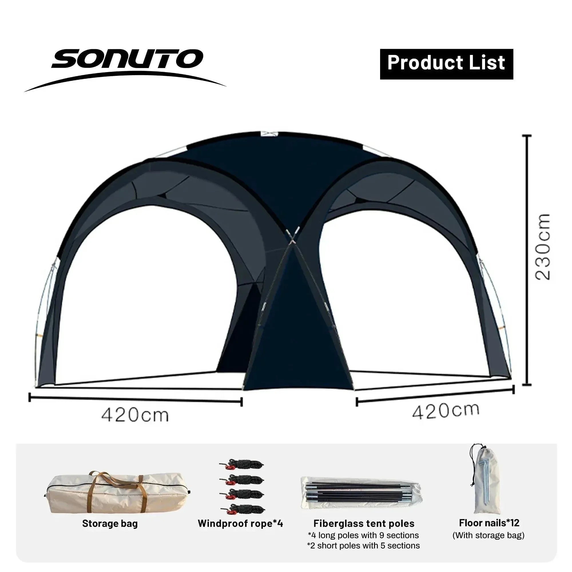 Sonuto Dome Canopy Large Tent - Outdoor Extra Large Camping Awning for Sun Protection, Hiking, Rainproof Pavilion, Anti-Mosquito - Trekker Essentials