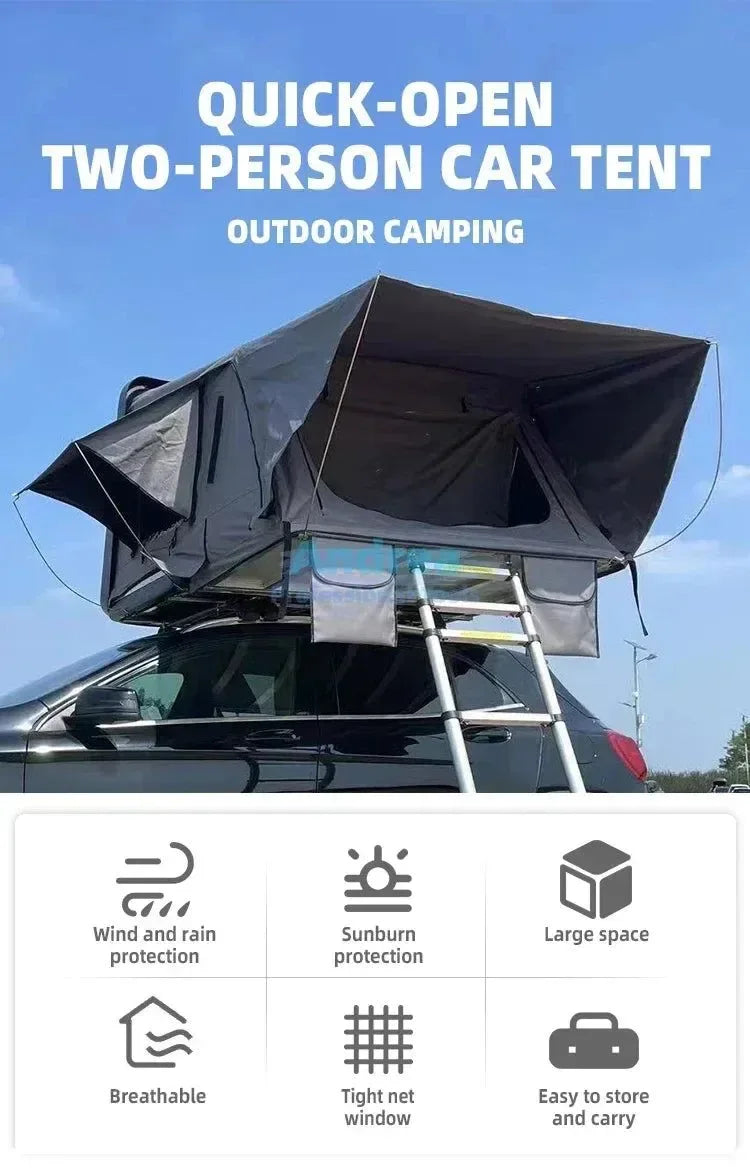 Spacious 2-Person Black Hard Shell Roof Top Tent - 3000mm Waterproof Folding SUV Camping Tent - Trekker Essentials