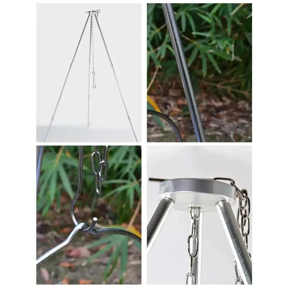 Stainless Steel Outdoor Camping BBQ Barbecue Folding Tripod | Portable Hanging Pot Stand and Cooking Grill Tool - Trekker Essentials