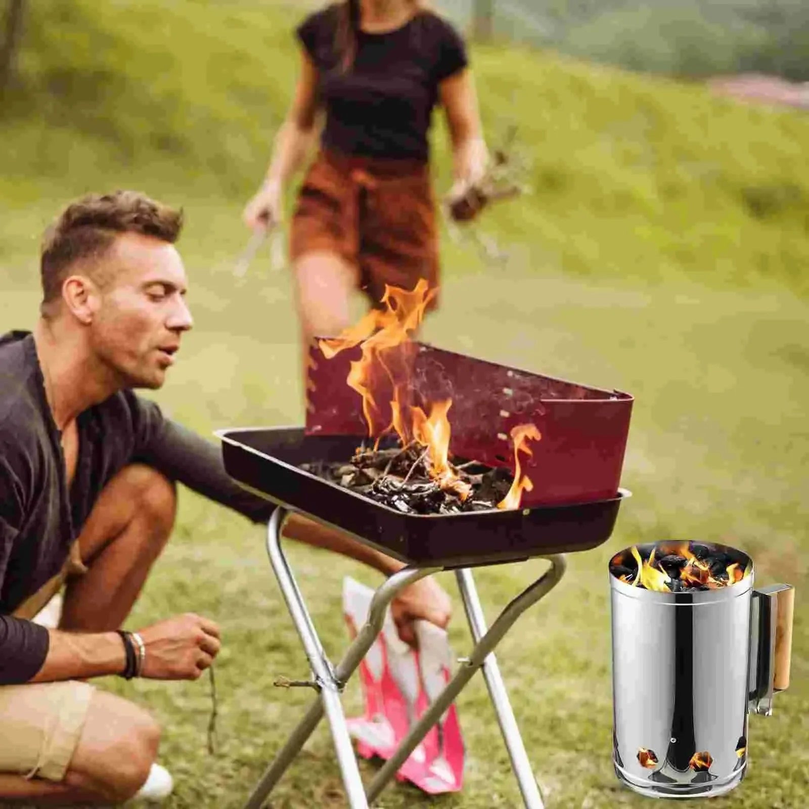 Starter Charcoal Chimney Fire BBQ Grill Tool - Outdoor Smoker Burner Ignition - Steel Stainless Camping Coal Lighter - Trekker Essentials