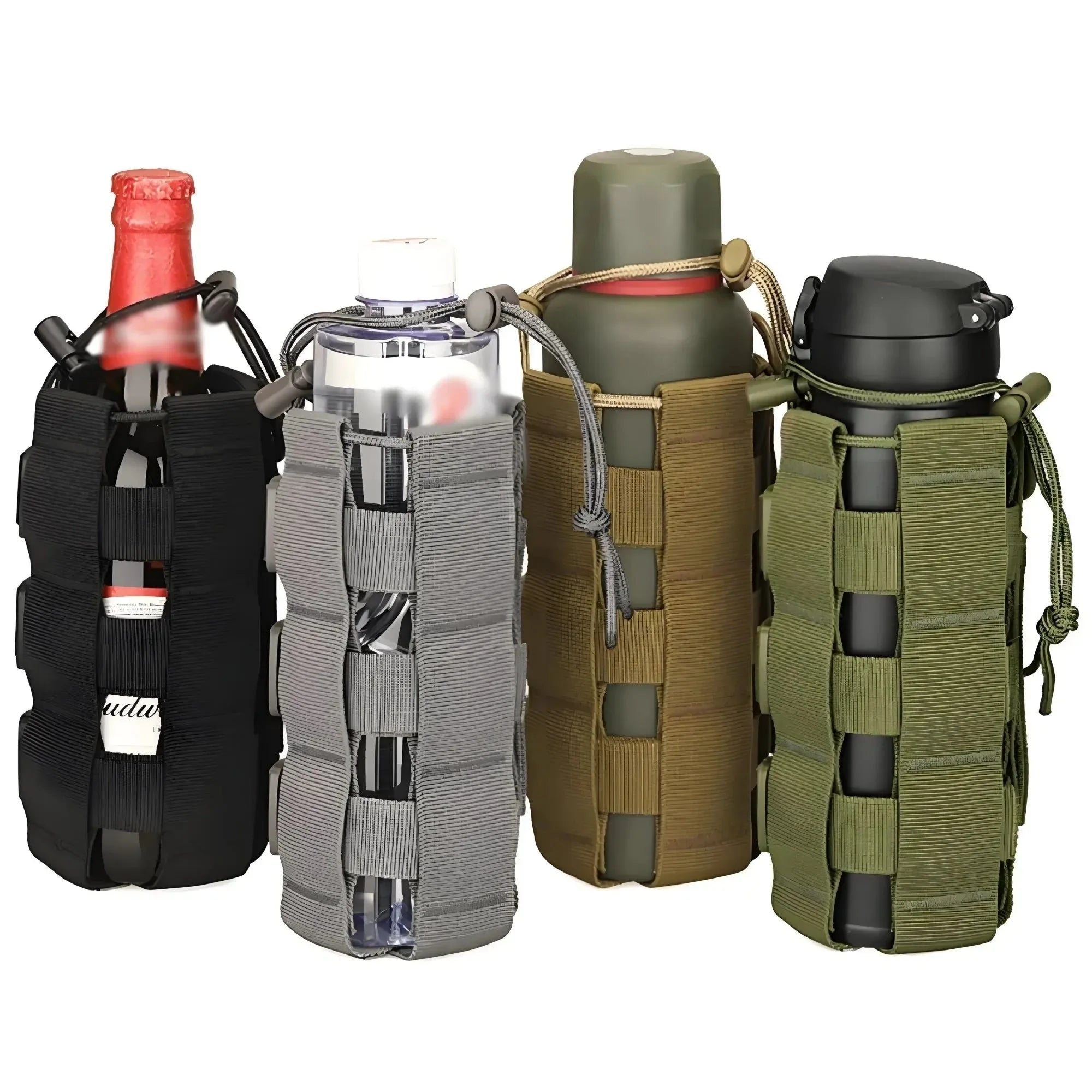 Tactical MOLLE Water Bottle Pouch – Outdoor Camping Hiking Hydration Bag with Carabiner Clip, Multi-Function Storage Holder for 500-800ml Bottles - Trekker Essentials