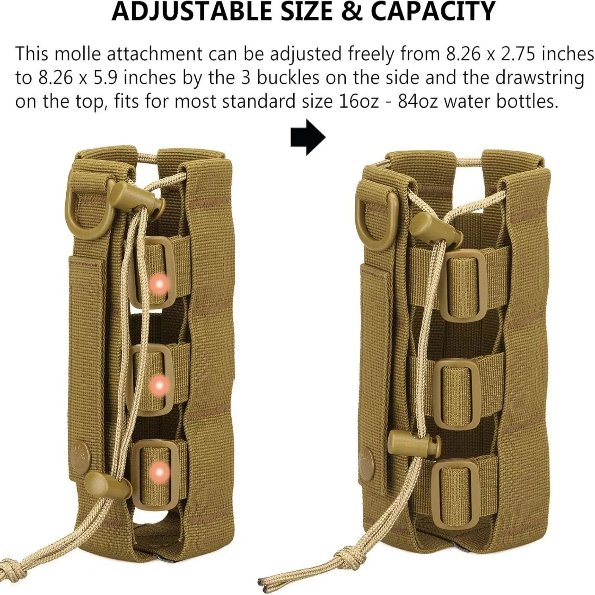 Tactical MOLLE Water Bottle Pouch – Outdoor Camping Hiking Hydration Bag with Carabiner Clip, Multi-Function Storage Holder for 500-800ml Bottles - Trekker Essentials