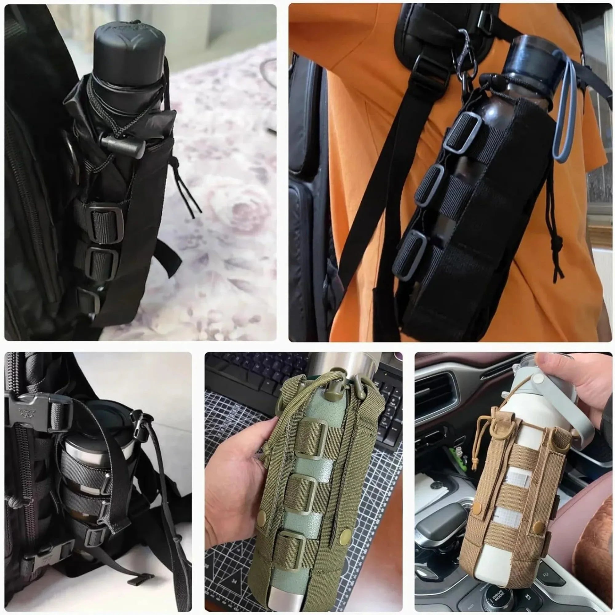 Tactical MOLLE Water Bottle Pouch – Outdoor Camping Hiking Hydration Bag with Carabiner Clip, Multi-Function Storage Holder for 500-800ml Bottles - Trekker Essentials