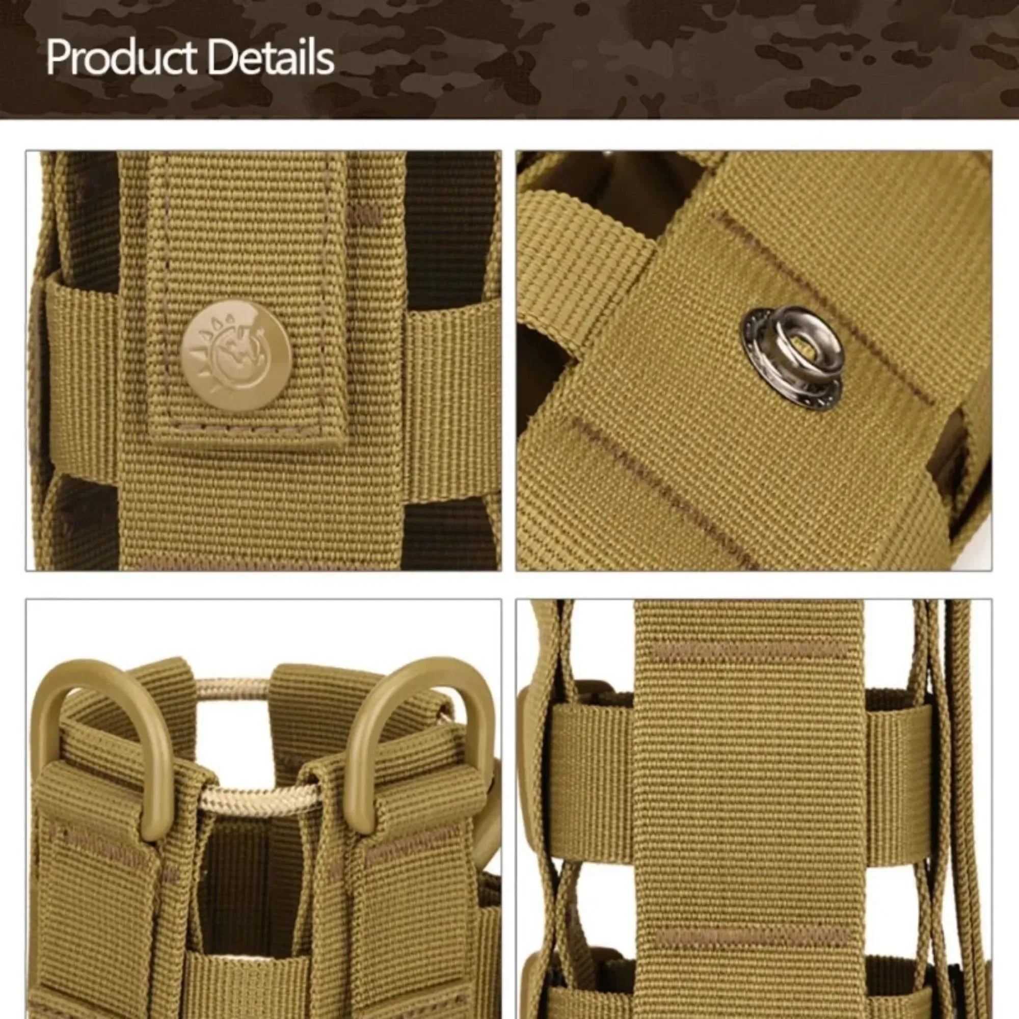 Tactical MOLLE Water Bottle Pouch – Outdoor Camping Hiking Hydration Bag with Carabiner Clip, Multi-Function Storage Holder for 500-800ml Bottles - Trekker Essentials