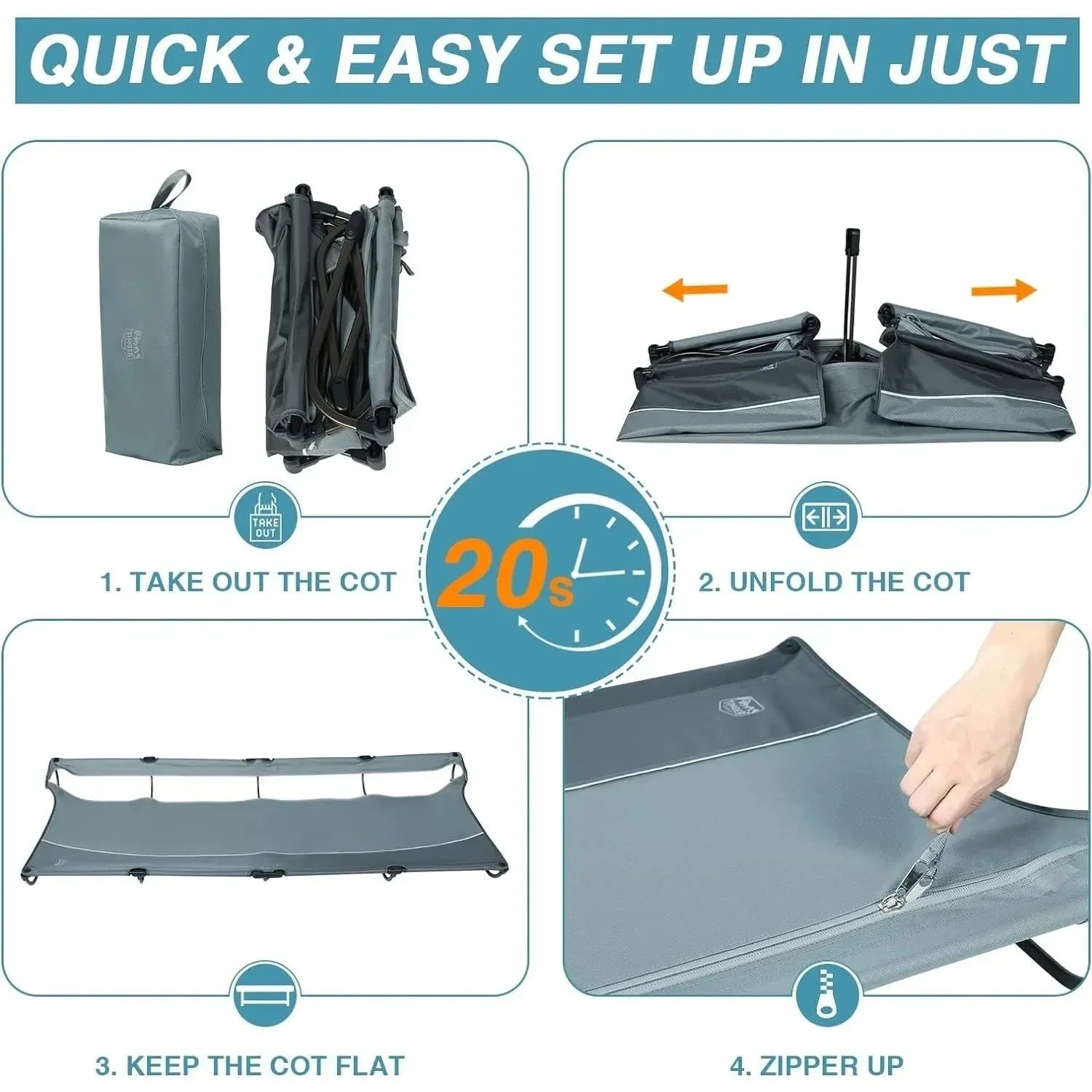 TIMBER RIDGE 20-Second Quick Set-Up Folding Camping Cot - Lightweight Cot for Adults with Carry Bag - Trekker Essentials
