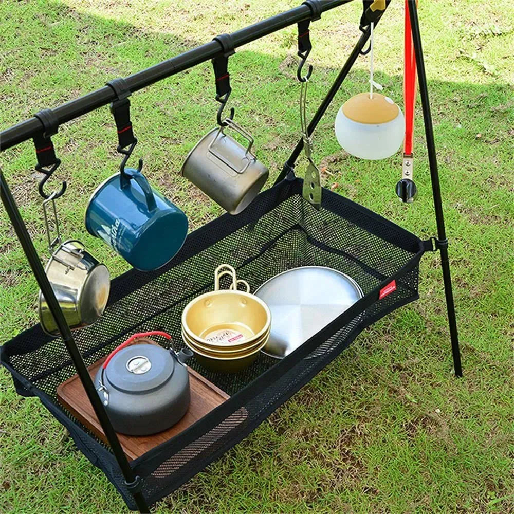 Under-Table Storage Organizer - Hanging Mesh Picnic Basket for Camping Tables, Tripods & Desks (2 Sizes: M/L) - Trekker Essentials