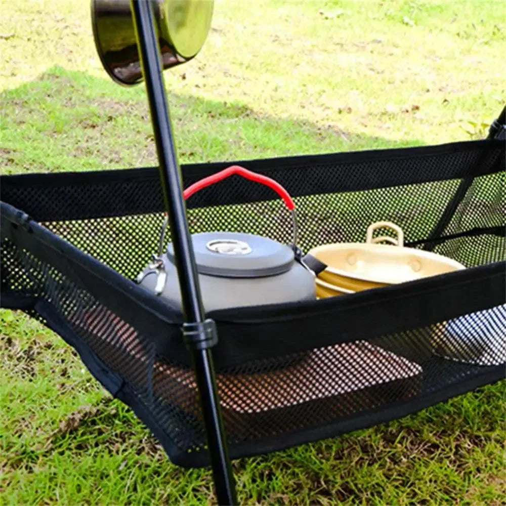 Under-Table Storage Organizer - Hanging Mesh Picnic Basket for Camping Tables, Tripods & Desks (2 Sizes: M/L) - Trekker Essentials
