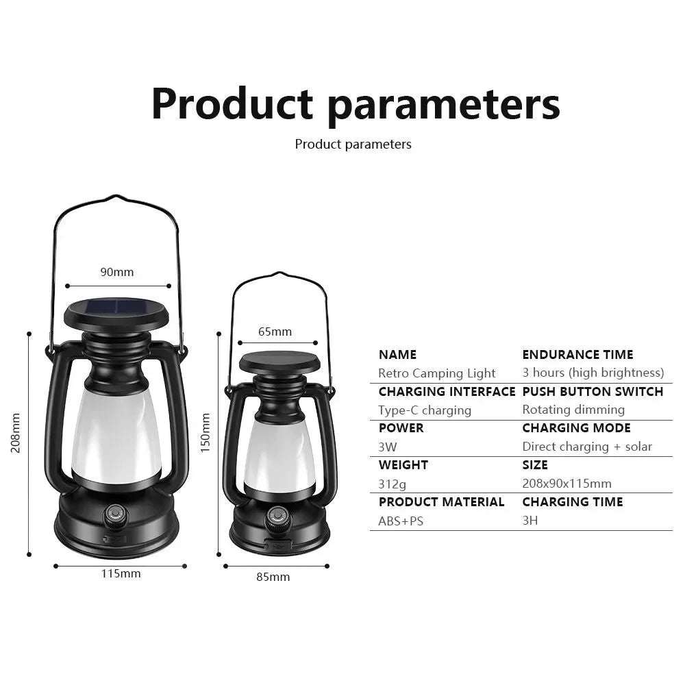 USB Rechargeable Camping Light - Portable Lanterns with Solar Charging and Stepless Dimming - Trekker Essentials
