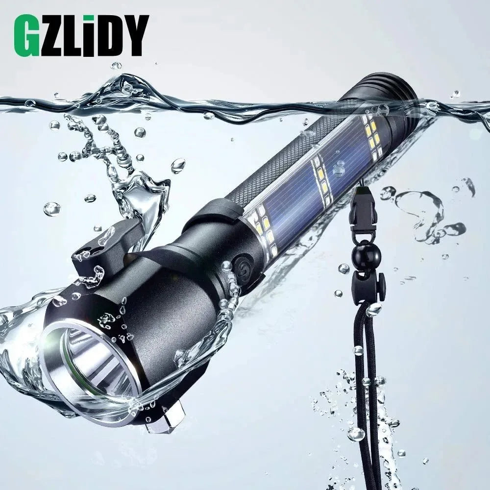 USB Rechargeable Solar LED Flashlight - Multi-function Emergency Torch with Safety Hammer, Mobile Power, Compass for Outdoor Activities - Trekker Essentials