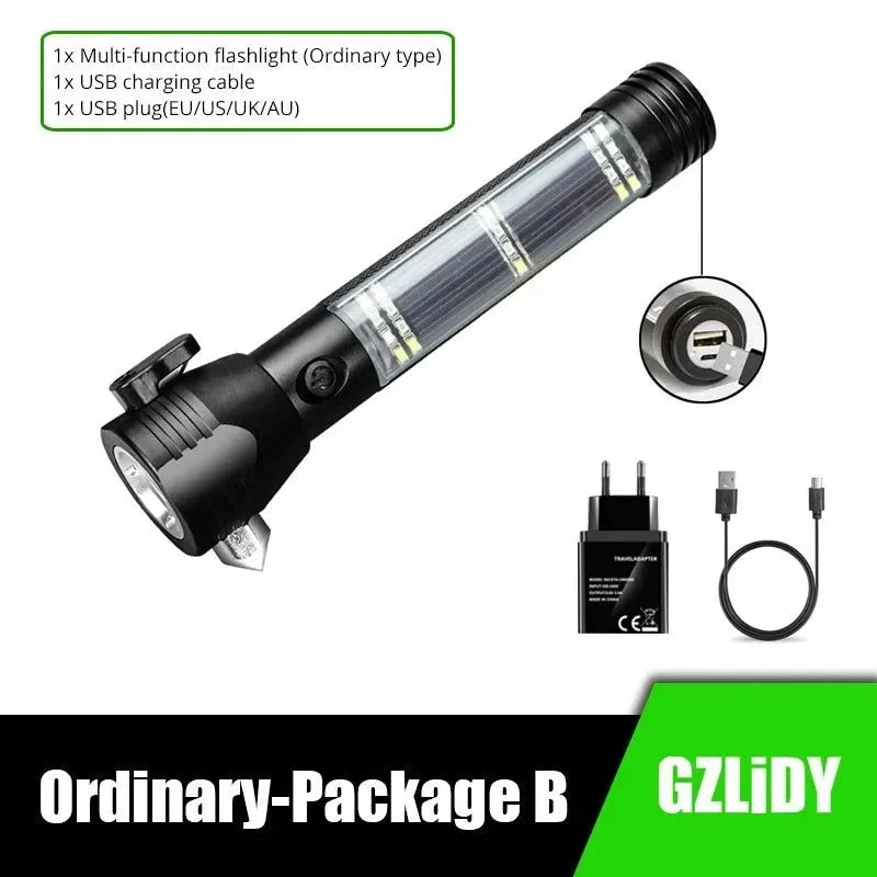 USB Rechargeable Solar LED Flashlight - Multi-function Emergency Torch with Safety Hammer, Mobile Power, Compass for Outdoor Activities - Trekker Essentials