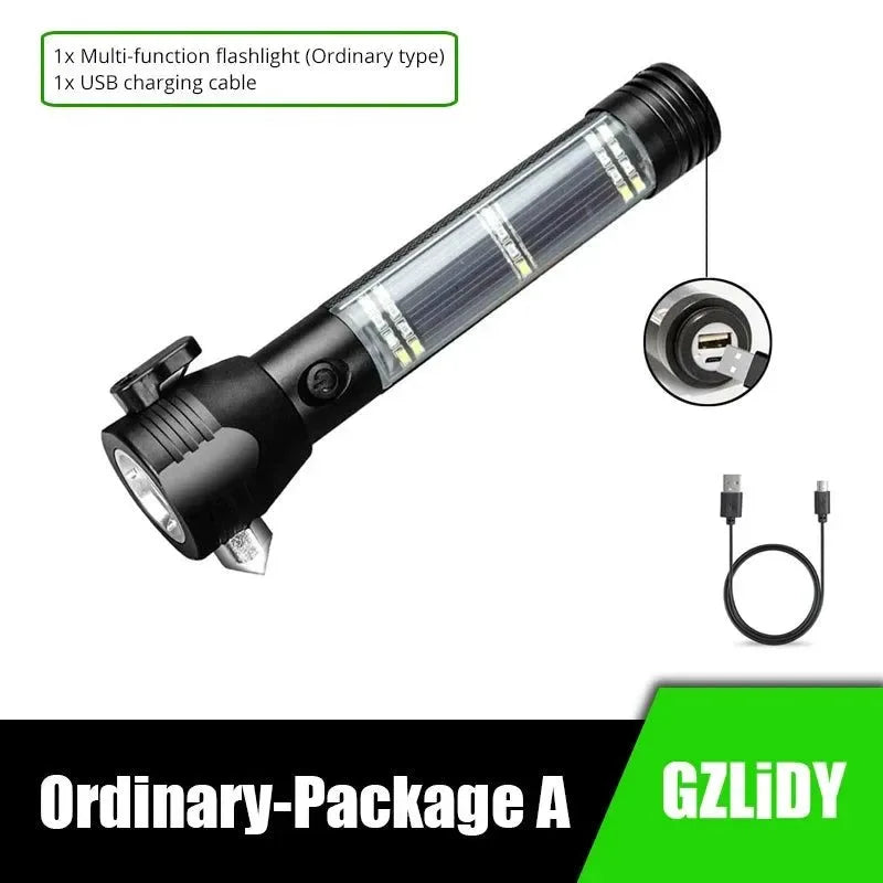 USB Rechargeable Solar LED Flashlight - Multi-function Emergency Torch with Safety Hammer, Mobile Power, Compass for Outdoor Activities - Trekker Essentials