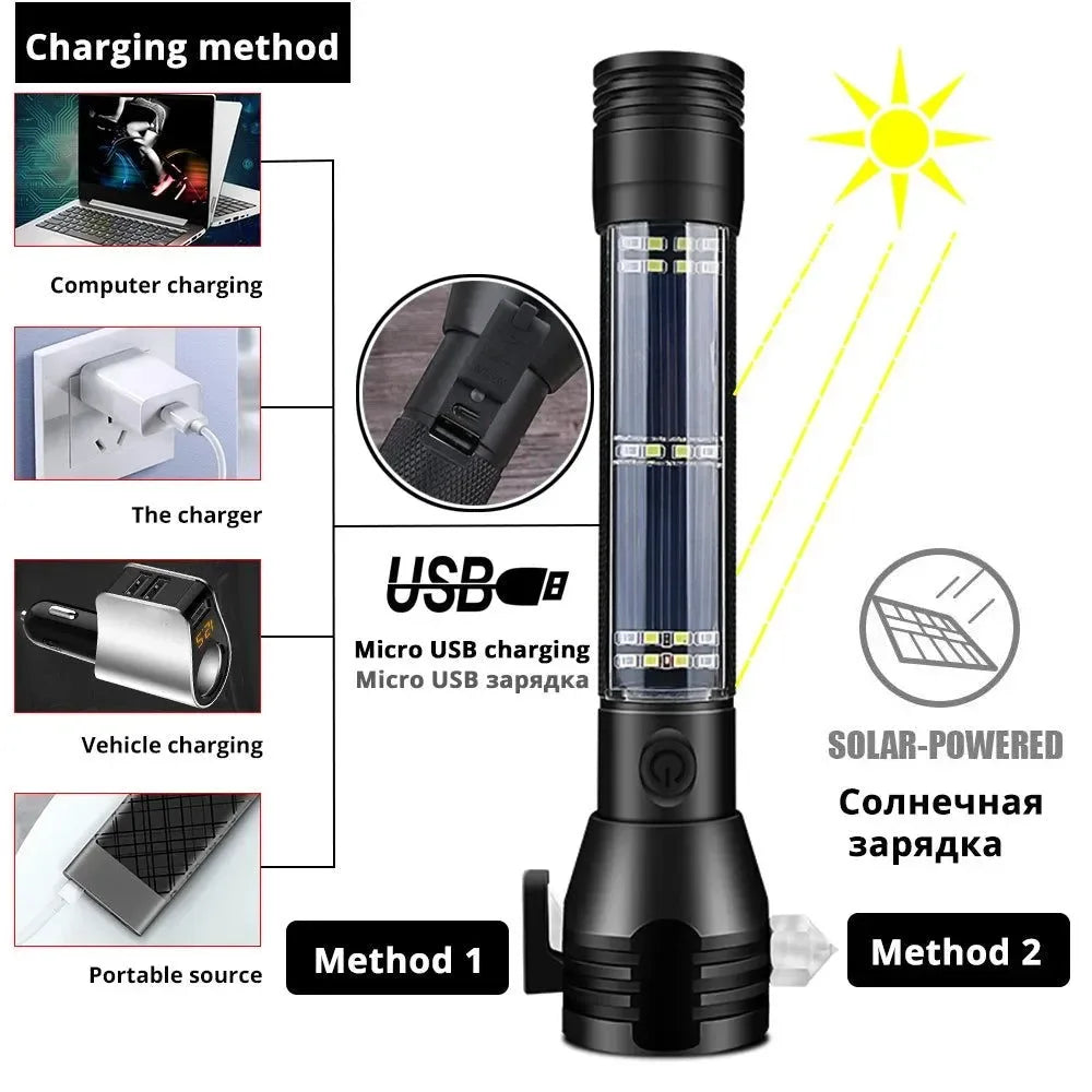 USB Rechargeable Solar LED Flashlight - Multi-function Emergency Torch with Safety Hammer, Mobile Power, Compass for Outdoor Activities - Trekker Essentials