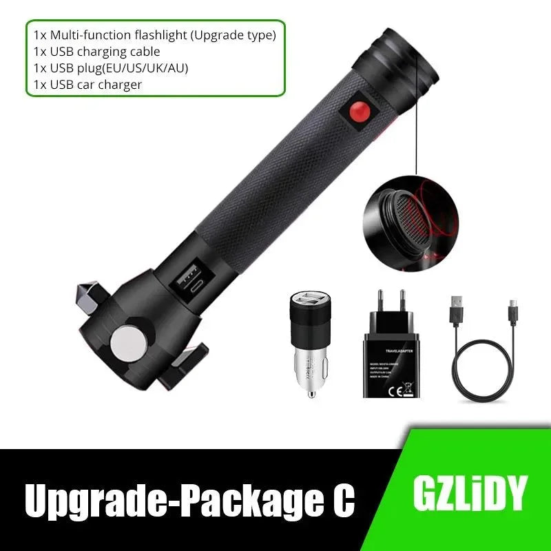 USB Rechargeable Solar LED Flashlight - Multi-function Emergency Torch with Safety Hammer, Mobile Power, Compass for Outdoor Activities - Trekker Essentials
