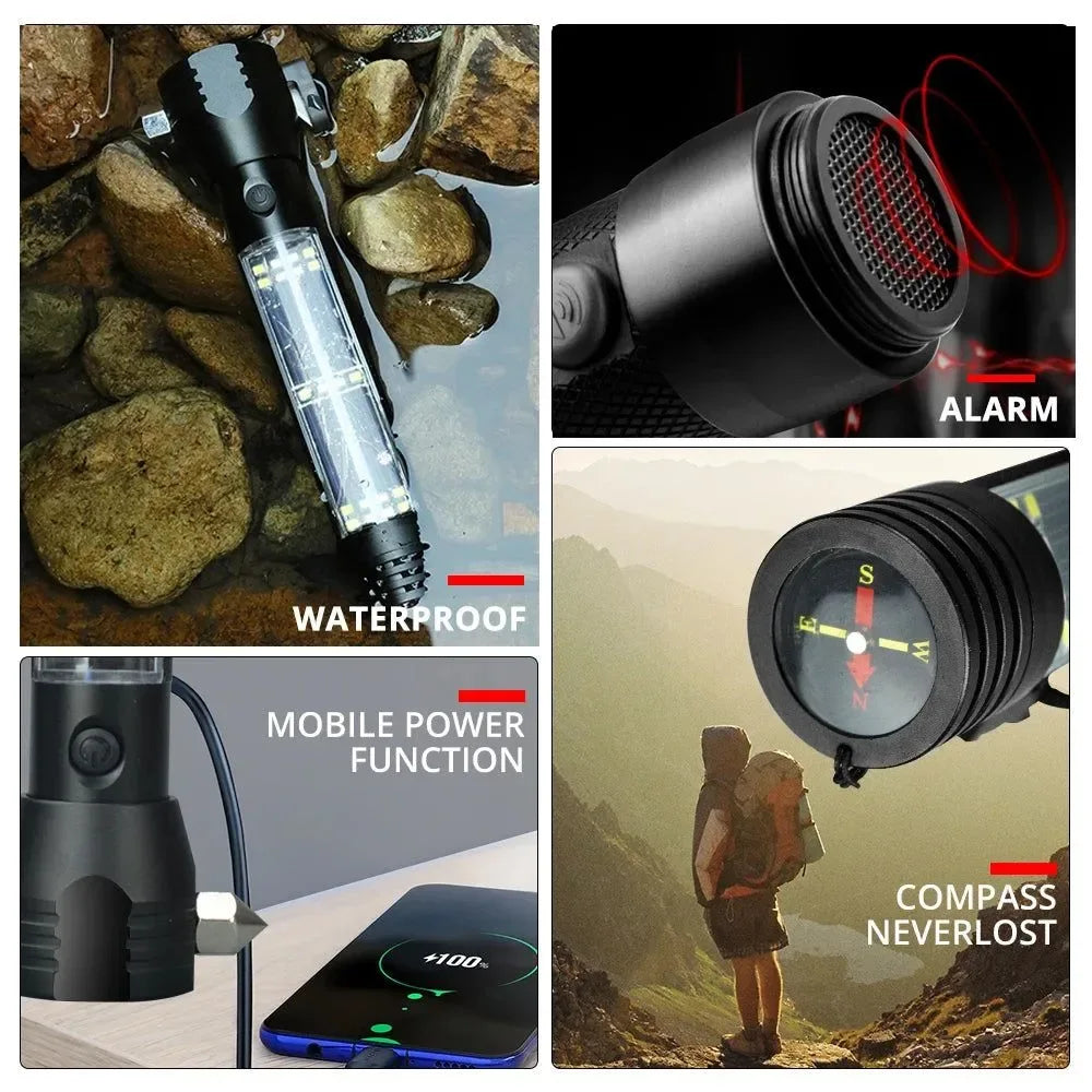 USB Rechargeable Solar LED Flashlight - Multi-function Emergency Torch with Safety Hammer, Mobile Power, Compass for Outdoor Activities - Trekker Essentials