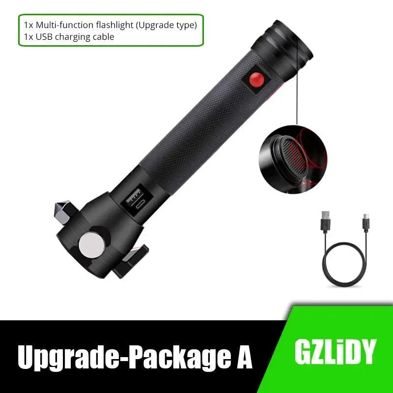 USB Rechargeable Solar LED Flashlight - Multi-function Emergency Torch with Safety Hammer, Mobile Power, Compass for Outdoor Activities - Trekker Essentials